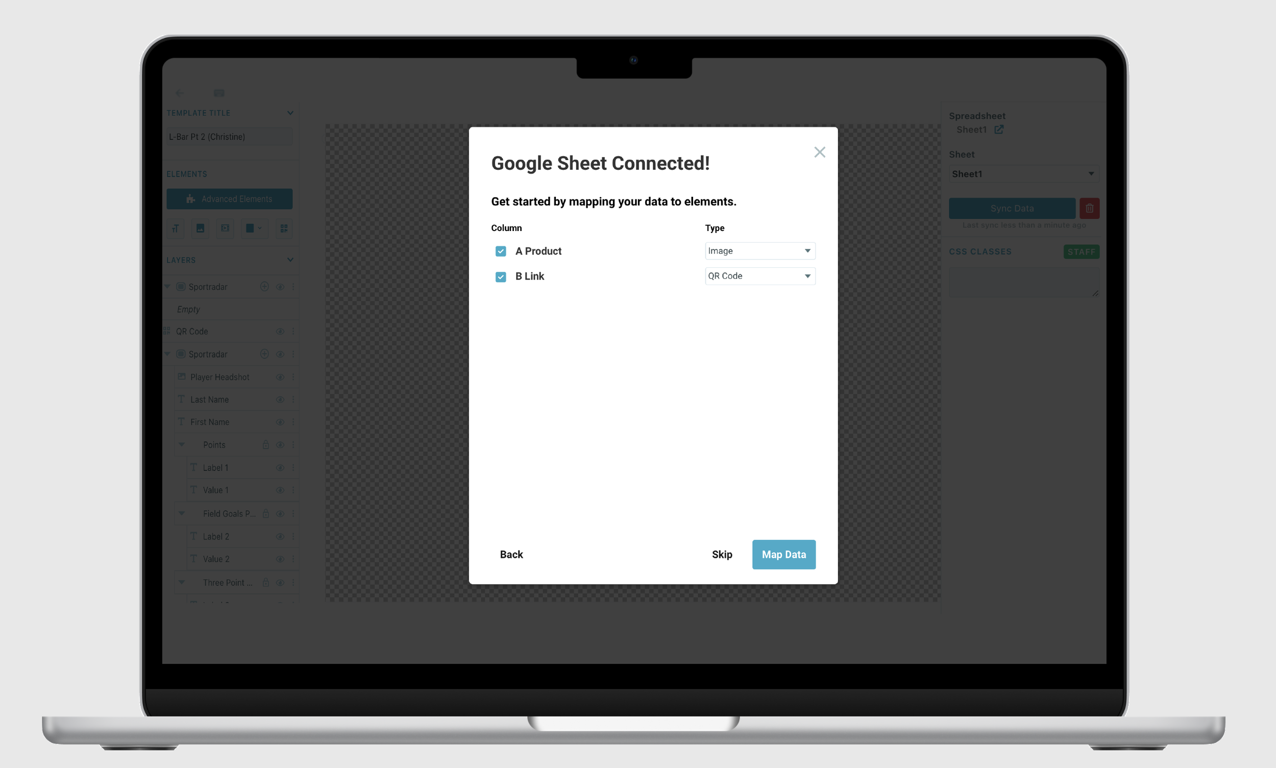 Google Sheet Connected modal, mapping data to graphic elements