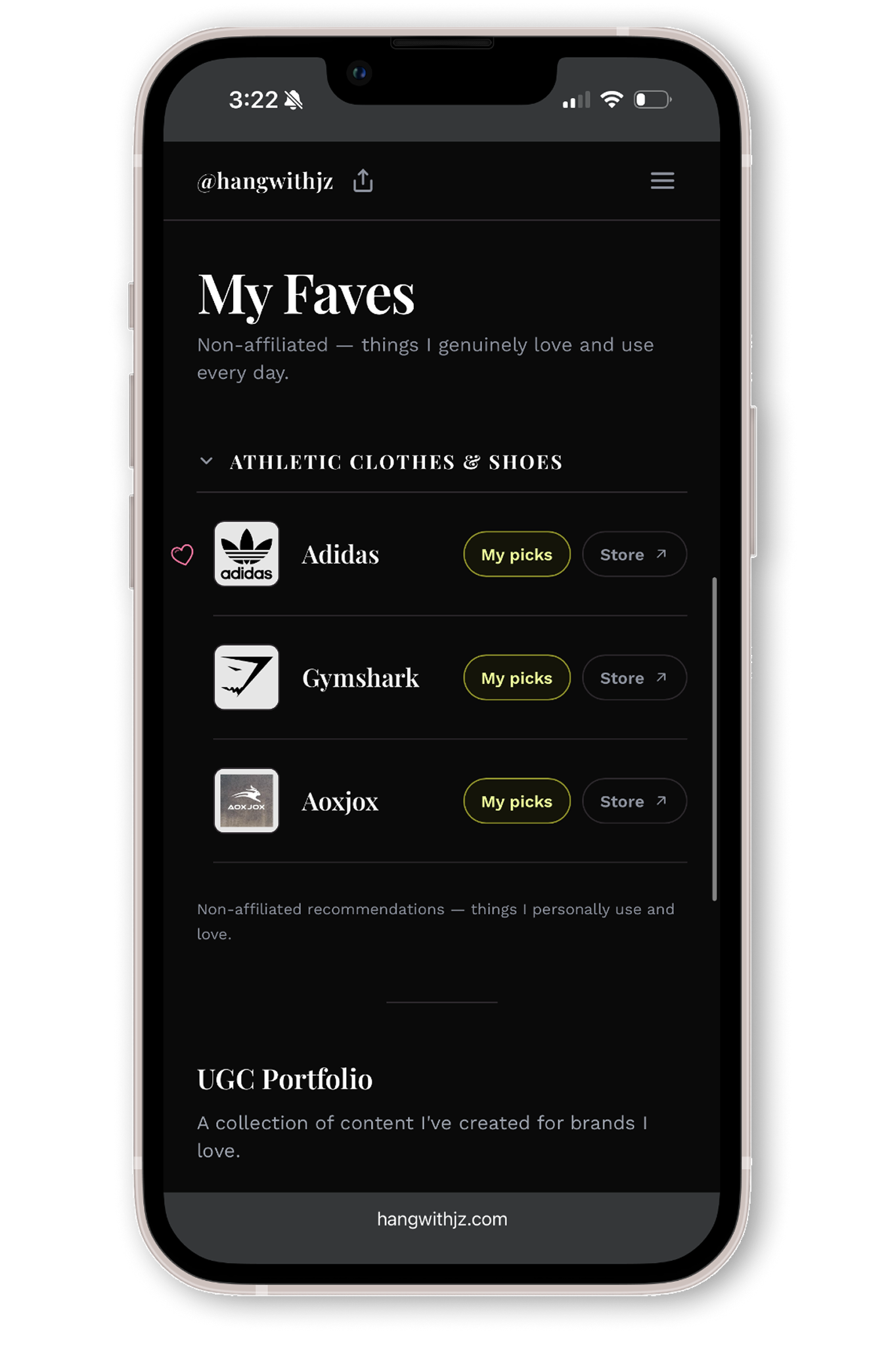 hangwithjz.com UGC portfolio and affiliate links side by side