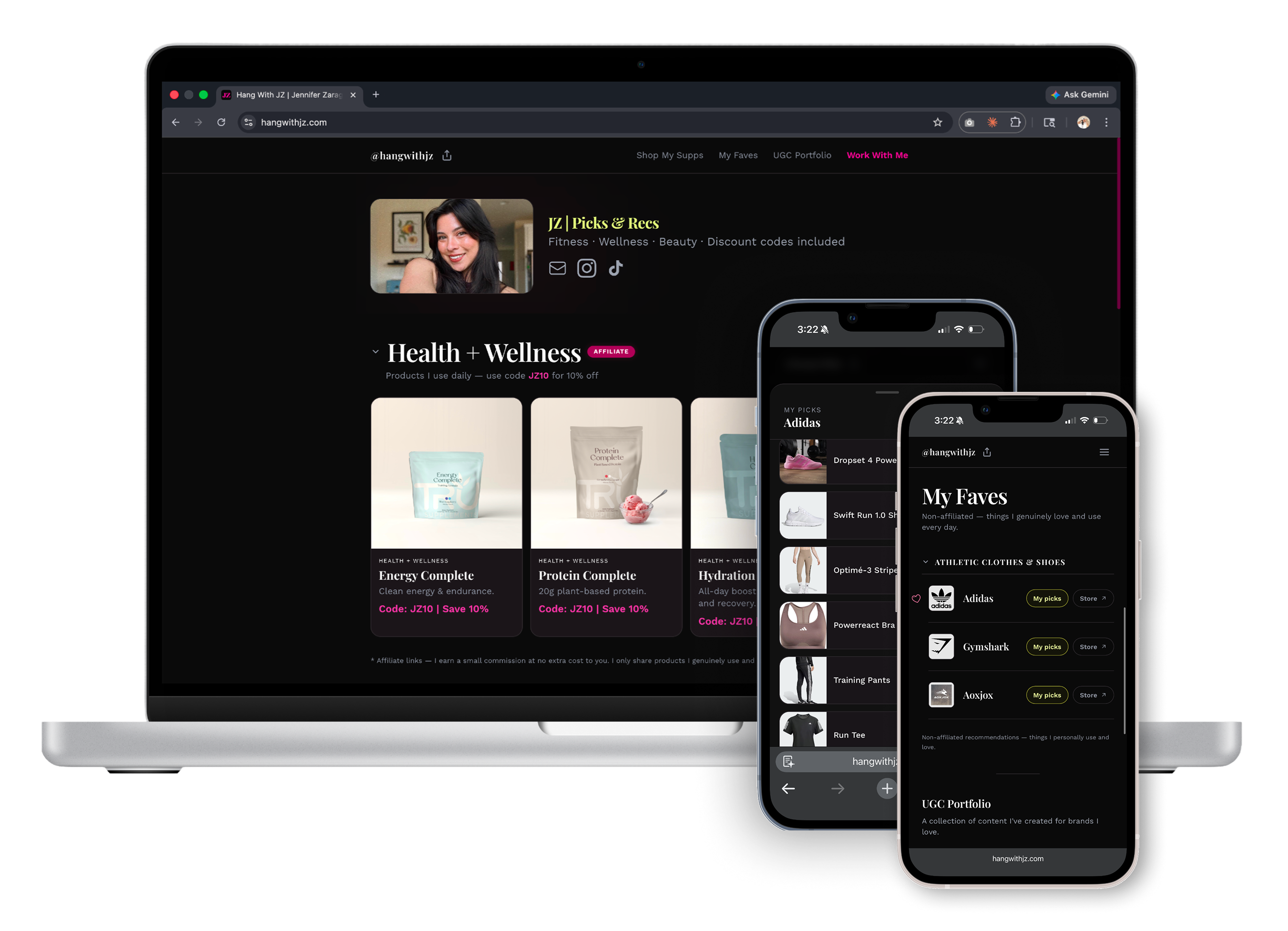 hangwithjz.com shown on desktop and mobile, Health + Wellness section with product cards