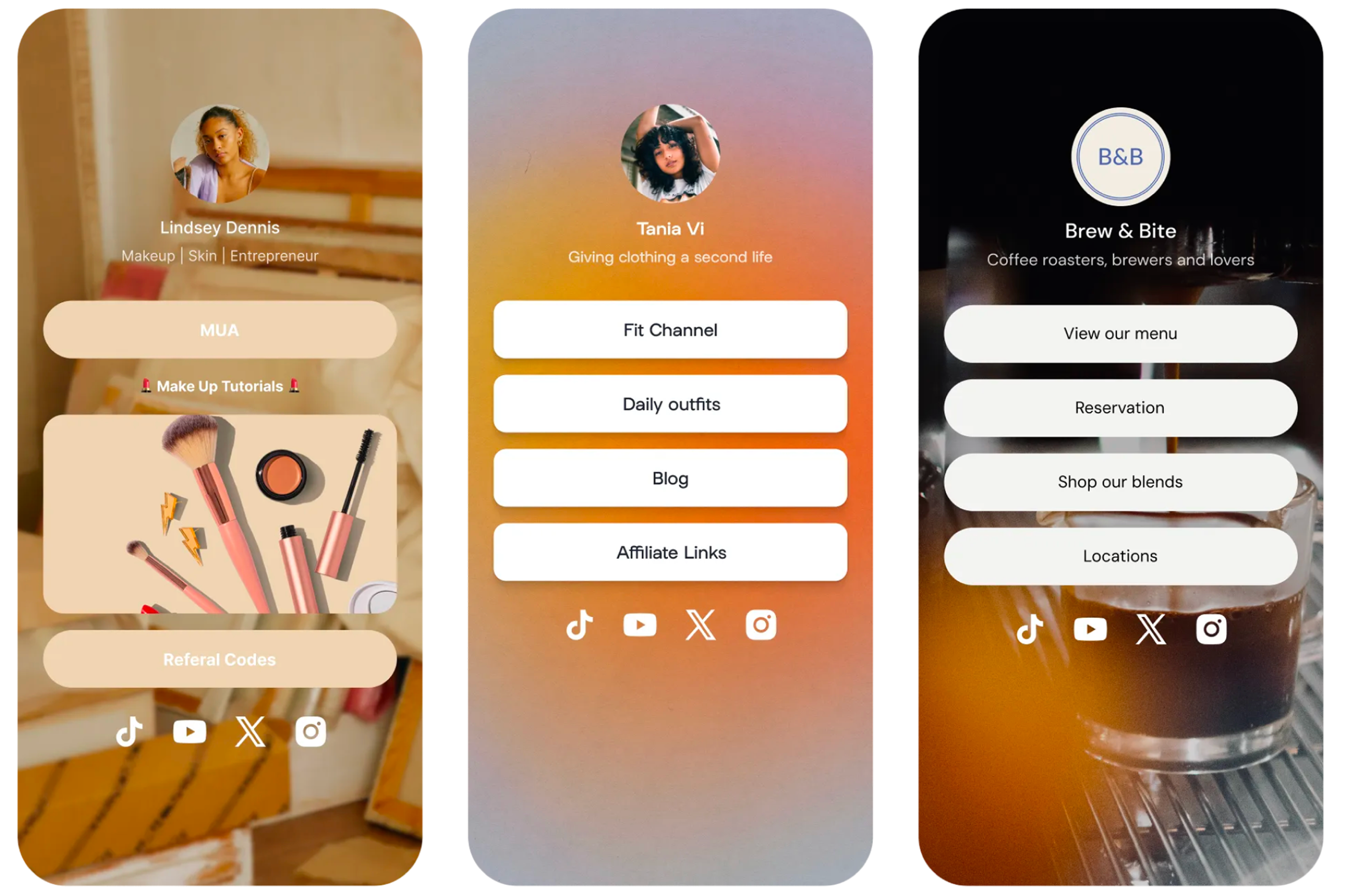 Linktree template options,a grid of generic, cookie-cutter link-in-bio layouts