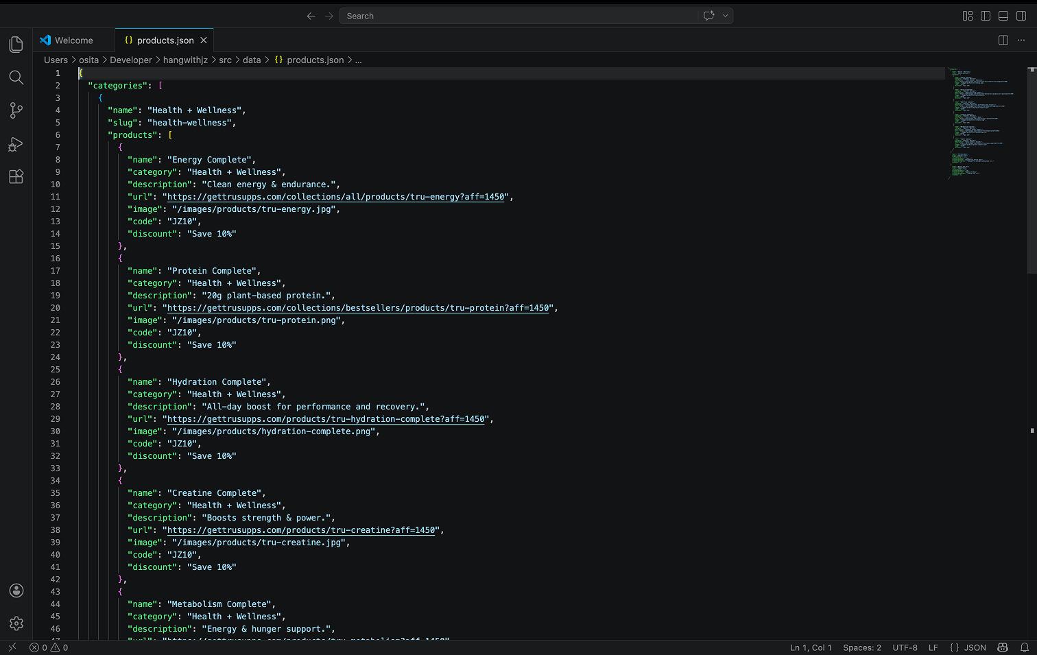 VS Code showing the JSON data file used to manage affiliate links and product picks