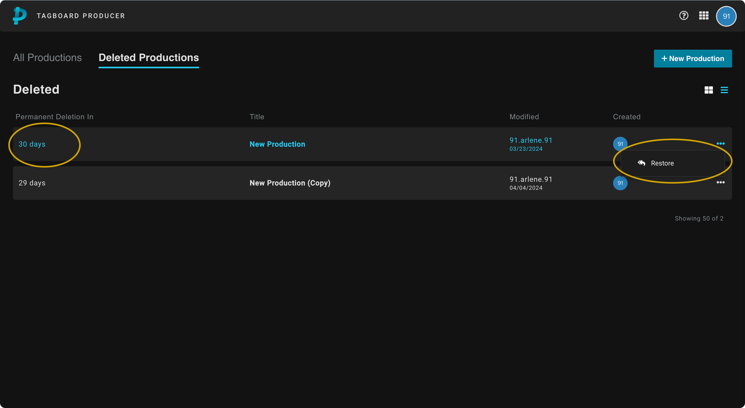 Improving Production Management  -  deleted productions view