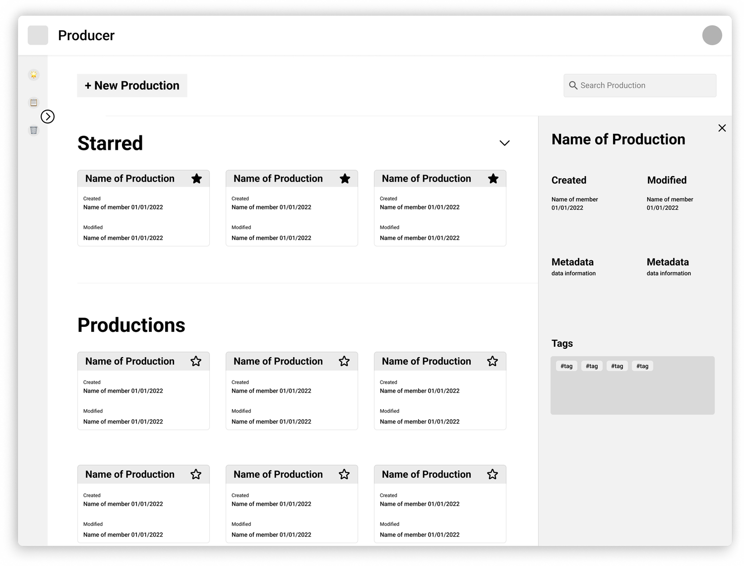 Mid-fidelity wireframe  -  new production modal