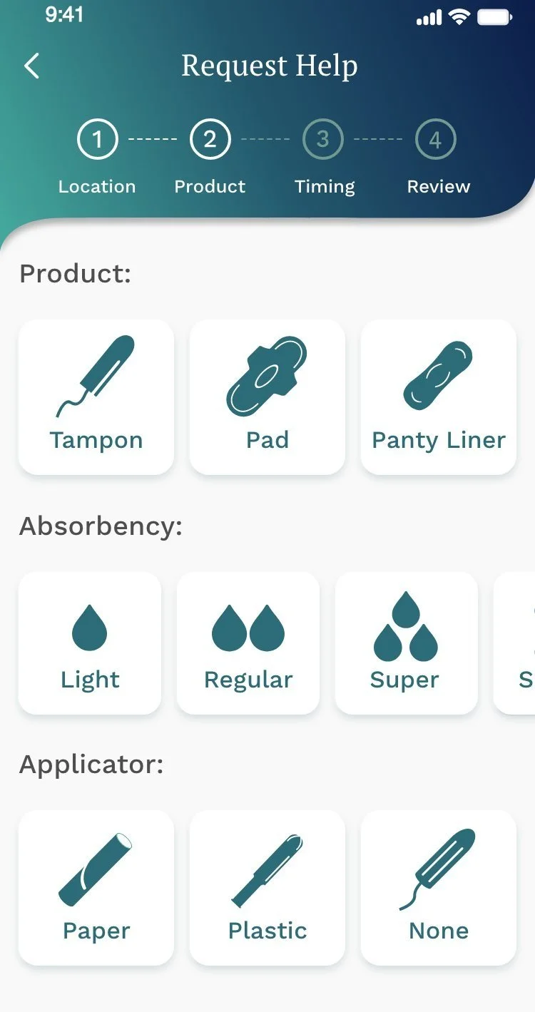 Request Help  -  product selection step with type and absorbency options