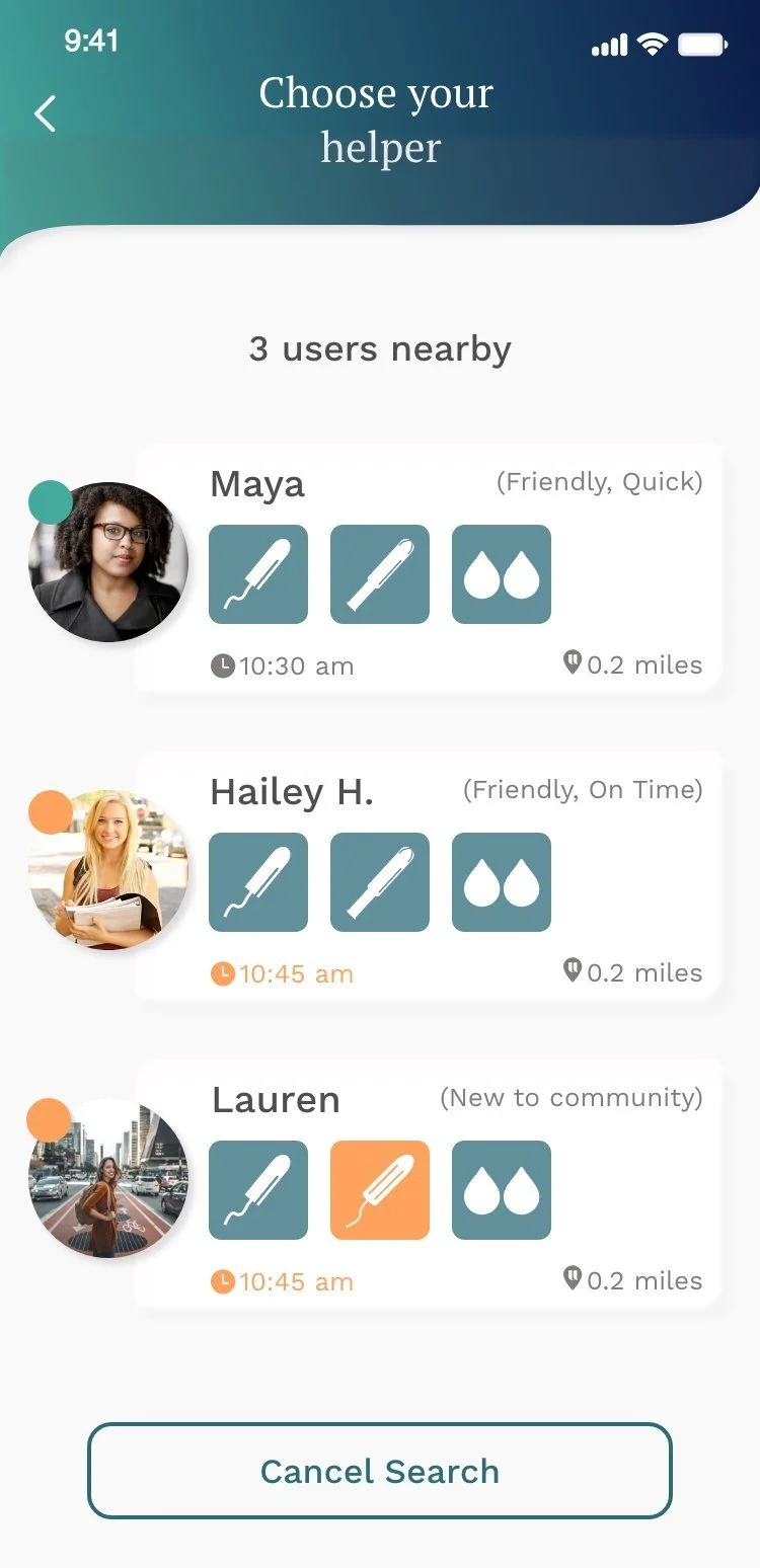 Choose your helper screen  -  3 nearby users with profile, products, time, and distance
