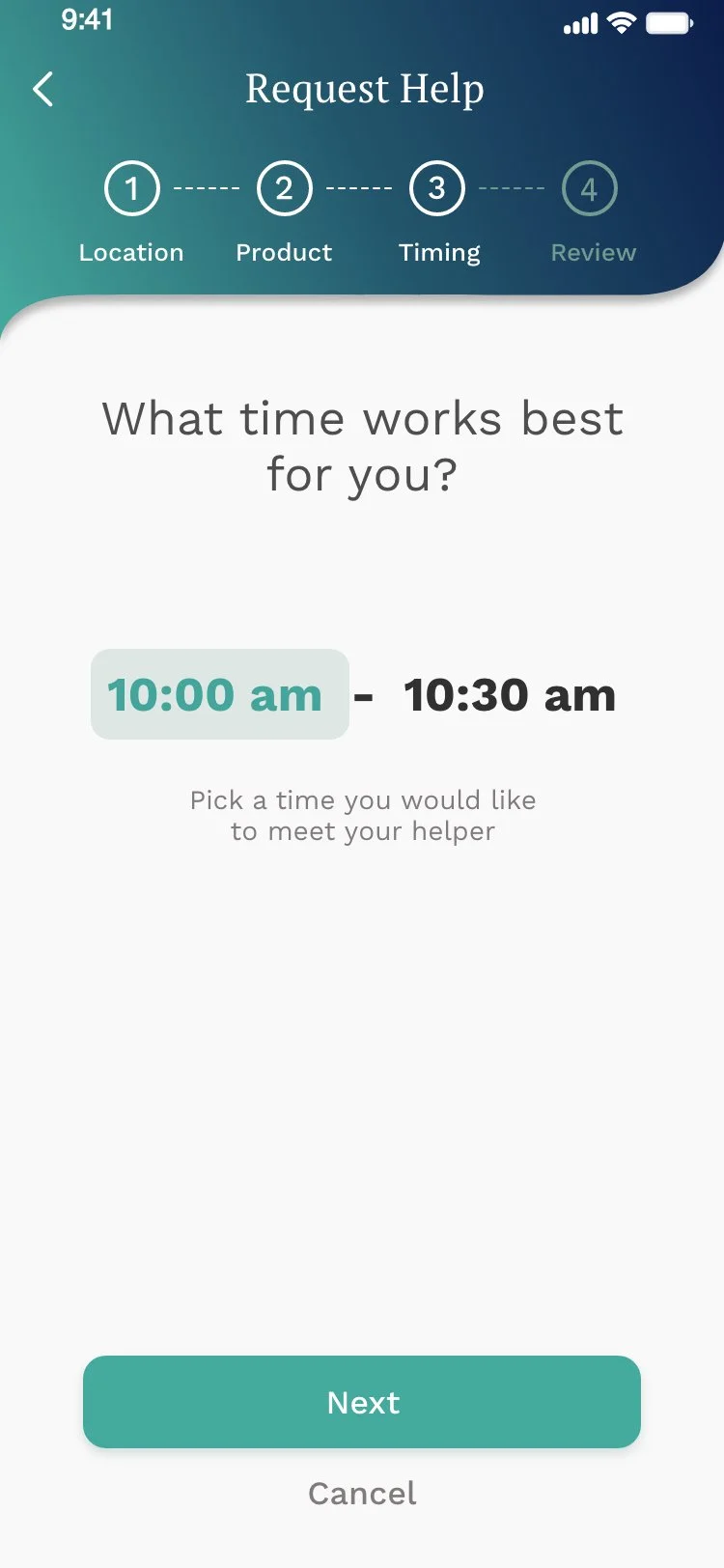 Simplified time selection screen with native time range picker